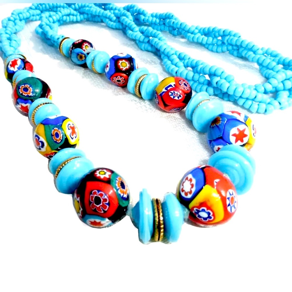 Gorgeous Vintage Italian Millefiori 34” Beaded Necklace